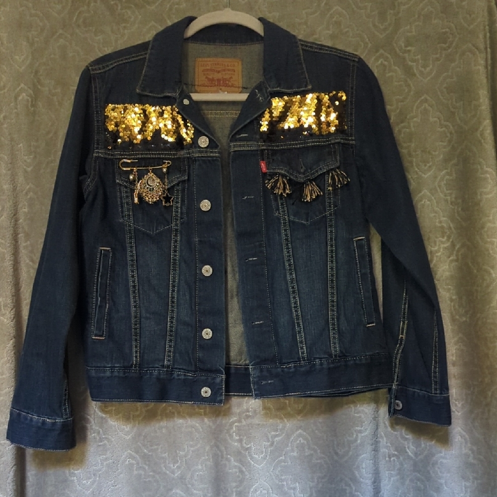 Upcycled Levi's Blue Denim Jacket with Gold Sequins
